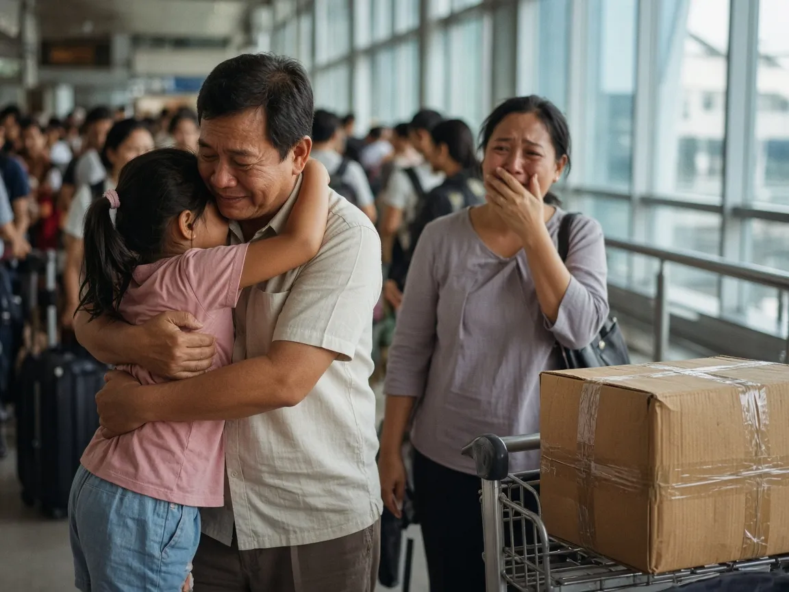 A father hugging his daughter at the airport while the mother cries with joy