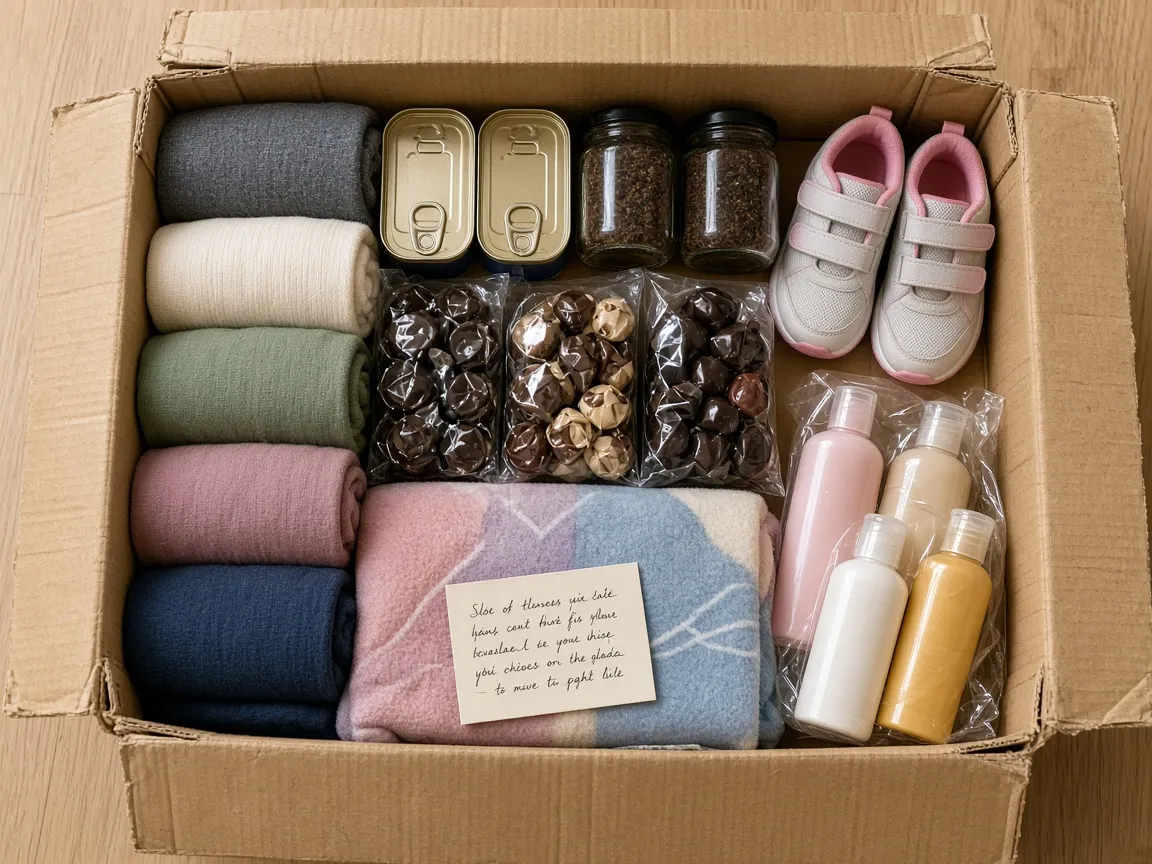 Top-down view of a neatly packed box with rolled clothes, cans, chocolates and shoes